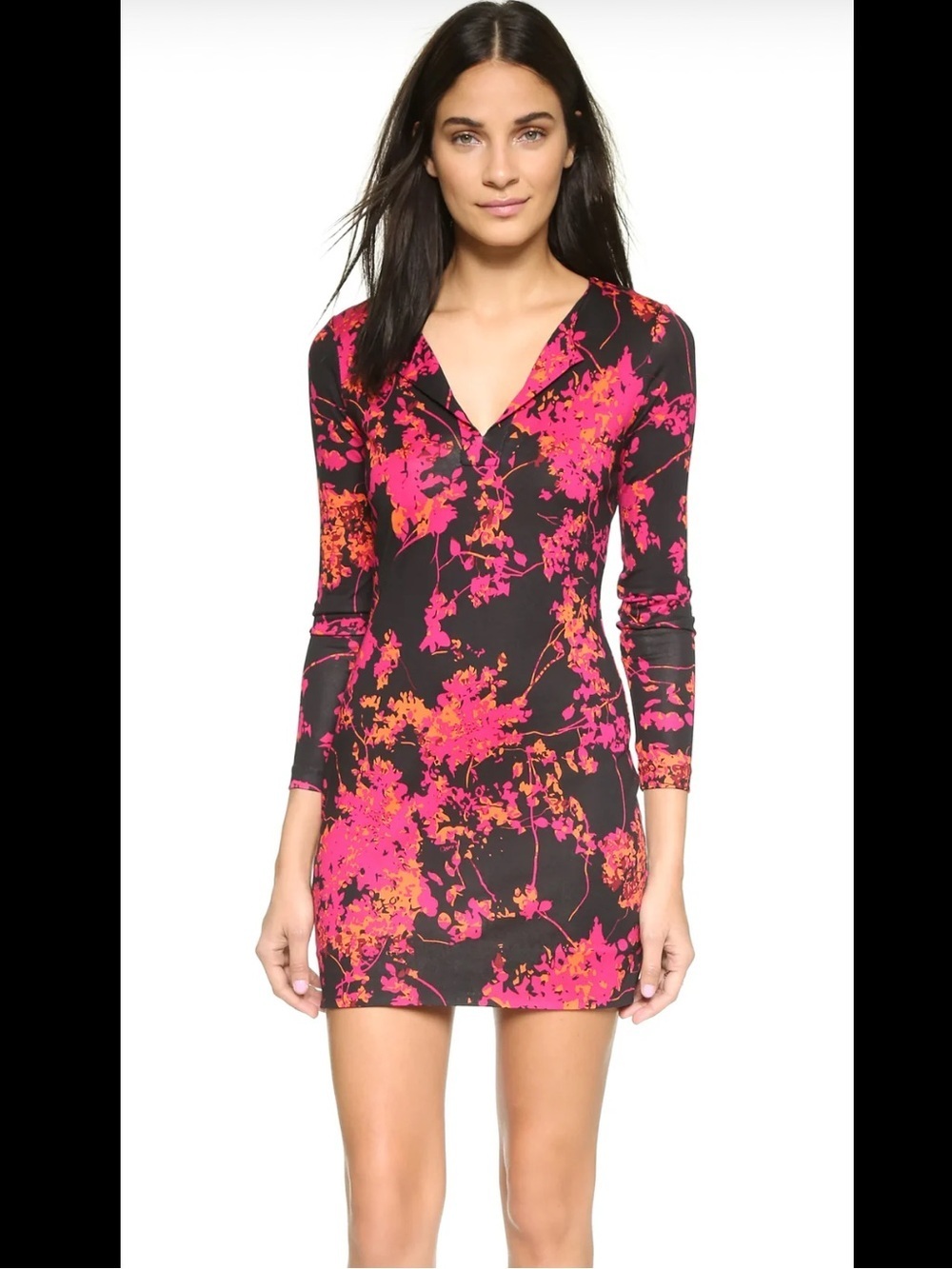 Diane Von Furstenberg Reina Floral V-Neck Long Sleeve Mini Dress